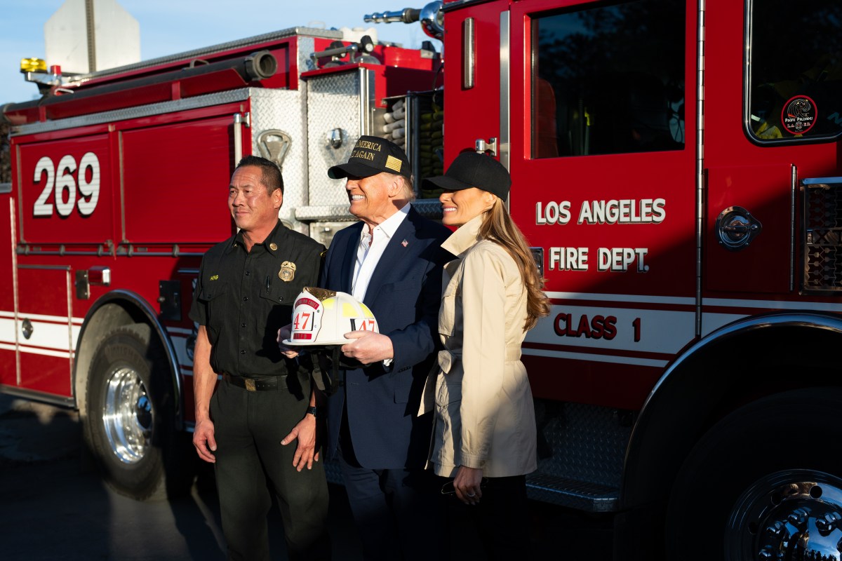 President Donald J. Trump and First Lady Melania Trump greet Los Angeles firefighters as they tour the Pacific Palisades neighborhood affected by recent wildfires in Los Angeles, Friday, Jan. 24, 2025. (Official White House Photo by Andrea Hanks)