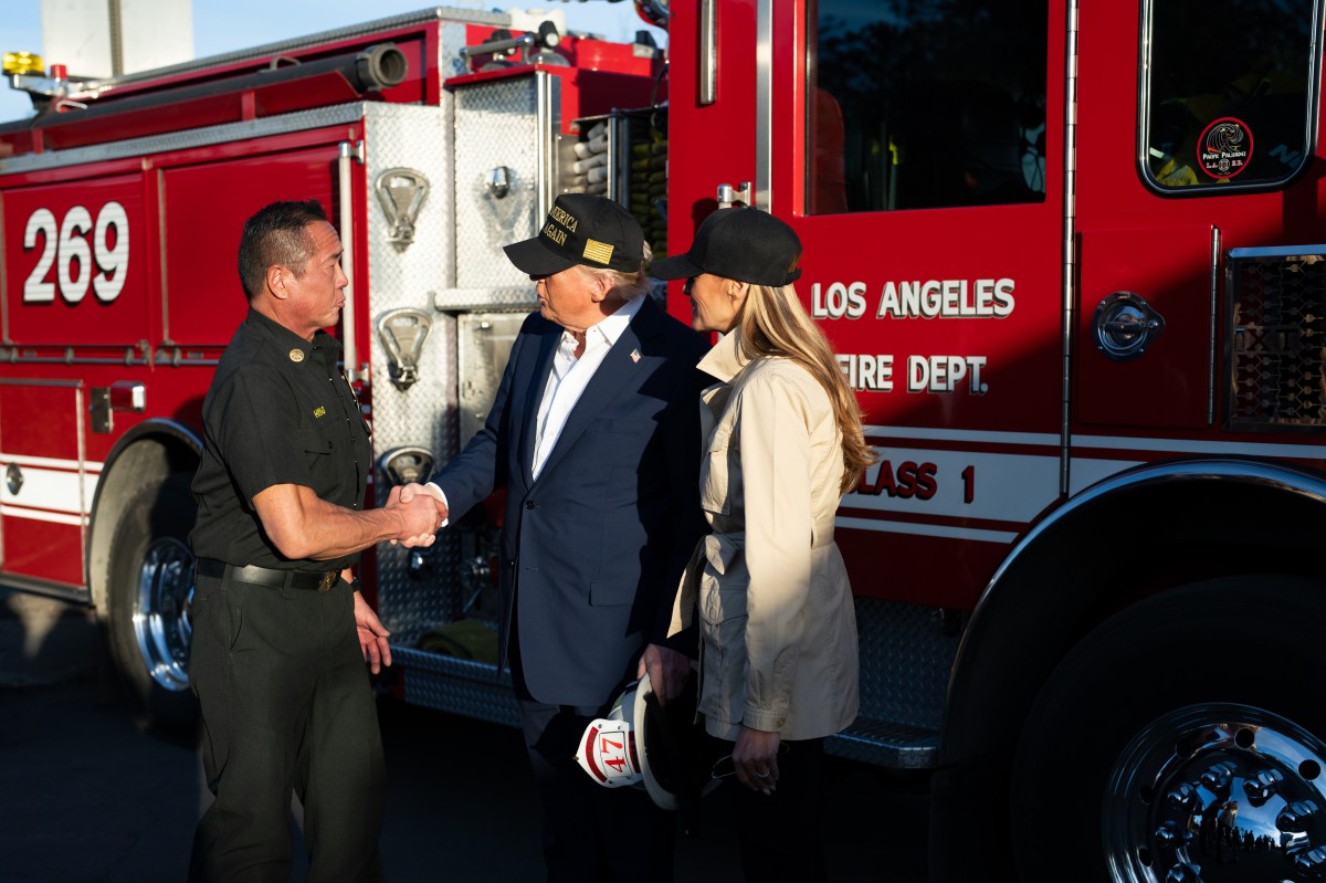 President Donald J. Trump and First Lady Melania Trump greet Los Angeles firefighters as they tour the Pacific Palisades neighborhood affected by recent wildfires in Los Angeles, Friday, Jan. 24, 2025. (Official White House Photo by Andrea Hanks)