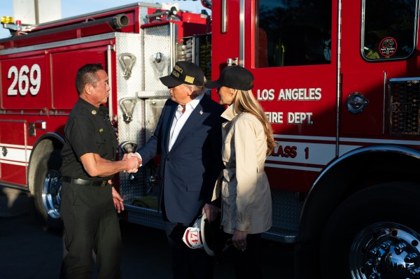 President Donald J. Trump and First Lady Melania Trump greet Los Angeles firefighters as they tour the Pacific Palisades neighborhood affected by recent wildfires in Los Angeles, Friday, Jan. 24, 2025. (Official White House Photo by Andrea Hanks)