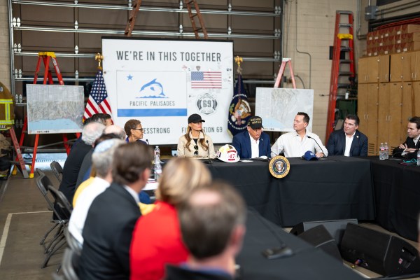 President Donald J. Trump and First Lady Melania Trump participate in a briefing after a tour of the Pacific Palisades neighborhood affected by recent wildfires in Los Angeles, Friday, Jan. 24, 2025 (Official White House Photo by Andrea Hanks)