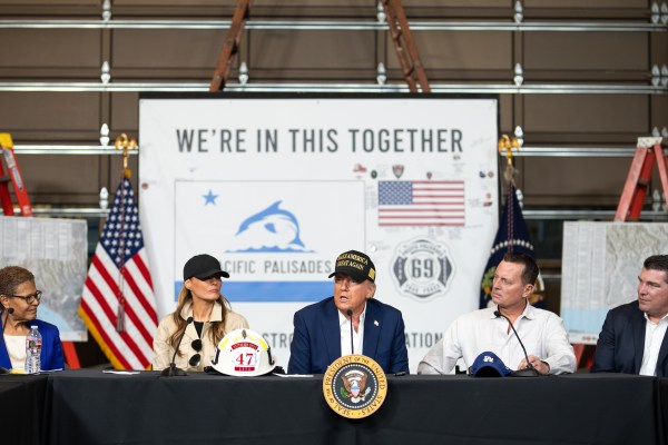 President Donald J. Trump and First Lady Melania Trump participate in a briefing after a tour of the Pacific Palisades neighborhood affected by recent wildfires in Los Angeles, Friday, Jan. 24, 2025 (Official White House Photo by Andrea Hanks)