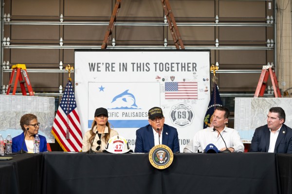 President Donald J. Trump and First Lady Melania Trump participate in a briefing after a tour of the Pacific Palisades neighborhood affected by recent wildfires in Los Angeles, Friday, Jan. 24, 2025 (Official White House Photo by Andrea Hanks)