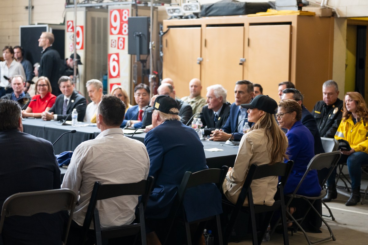 President Donald J. Trump and First Lady Melania Trump participate in a briefing after a tour of the Pacific Palisades neighborhood affected by recent wildfires in Los Angeles, Friday, Jan. 24, 2025 (Official White House Photo by Andrea Hanks)
