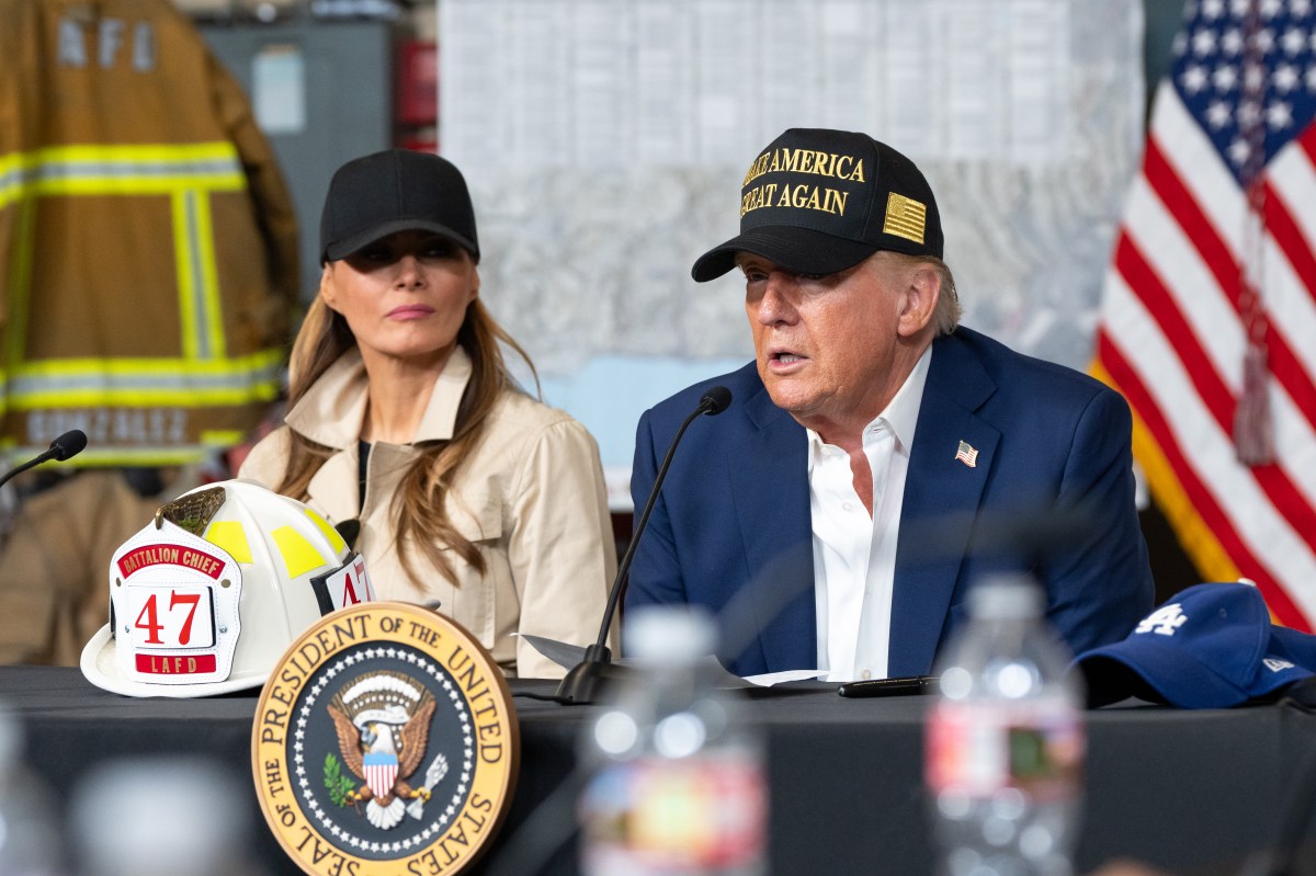 President Donald J. Trump and First Lady Melania Trump participate in a briefing after a tour of the Pacific Palisades neighborhood affected by recent wildfires in Los Angeles, Friday, Jan. 24, 2025 (Official White House Photo by Andrea Hanks)