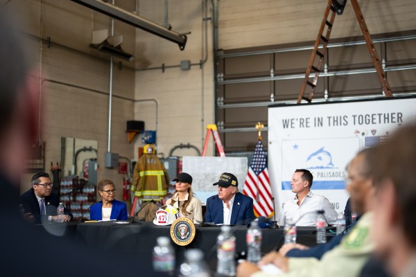 President Donald J. Trump and First Lady Melania Trump participate in a briefing after a tour of the Pacific Palisades neighborhood affected by recent wildfires in Los Angeles, Friday, Jan. 24, 2025 (Official White House Photo by Andrea Hanks)
