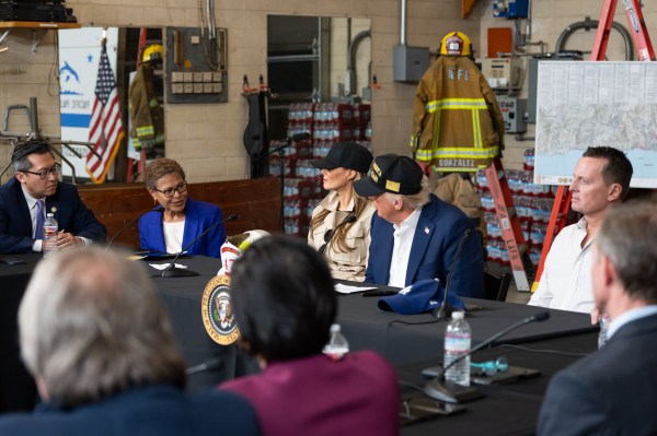 President Donald J. Trump and First Lady Melania Trump participate in a briefing after a tour of the Pacific Palisades neighborhood affected by recent wildfires in Los Angeles, Friday, Jan. 24, 2025 (Official White House Photo by Andrea Hanks)