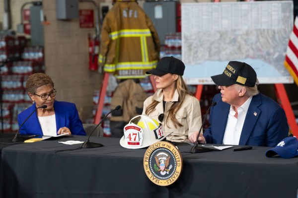 President Donald J. Trump and First Lady Melania Trump participate in a briefing after a tour of the Pacific Palisades neighborhood affected by recent wildfires in Los Angeles, Friday, Jan. 24, 2025 (Official White House Photo by Andrea Hanks)