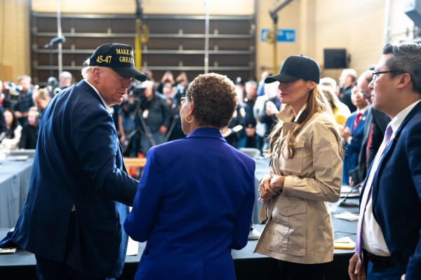 President Donald J. Trump and First Lady Melania Trump participate in a briefing after a tour of the Pacific Palisades neighborhood affected by recent wildfires in Los Angeles, Friday, Jan. 24, 2025 (Official White House Photo by Andrea Hanks)