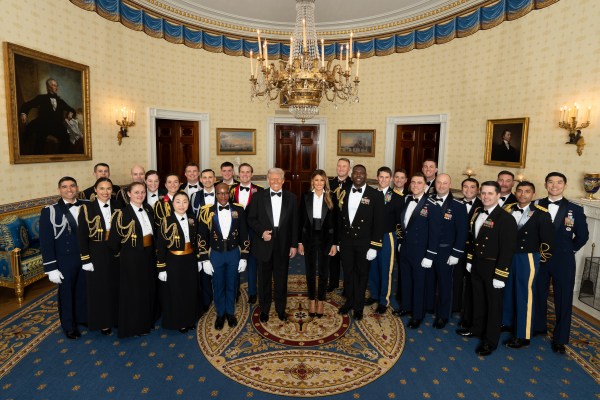 President Donald Trump and First Lady Melania Trump participate in a photo line at a black-tie dinner for the nation’s governors, Saturday, February 22, 2025, in the Blue Room of the White House.  (Official White House Photo by Andrea Hanks)