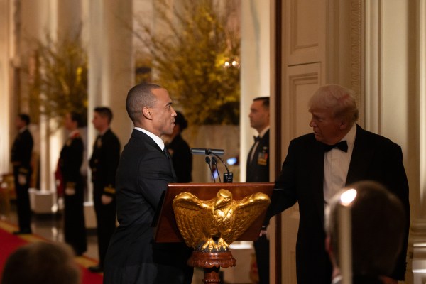 President Donald Trump acknowledges Scott Turner, The U.S Secretary of Housing and Development, at the dinner for the nation’s governors, Saturday, February 22, 2025, in the East Room of the White House. (Official White House Photo by Andrea Hanks)
