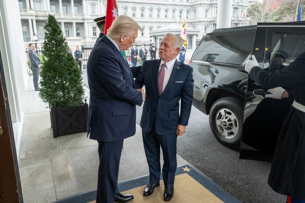 President Donald Trump greets King Abdullah II of Jordan and his son, Crown Prince Hussein bin Abdullah, at the West Wing lobby of the White House, Tuesday, February 11, 2025. (Official White House Photo by Daniel Torok)