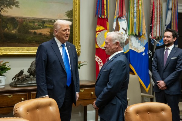 King Abdullah II of Jordan and his son, Crown Prince Hussein bin Abdullah, greet senior White House staff and members of the U.S. delegation at the West Wing lobby of the White House, Tuesday, February 11, 2025, before their bilateral meeting with President Donald Trump. (Official White House Photo by Daniel Torok)