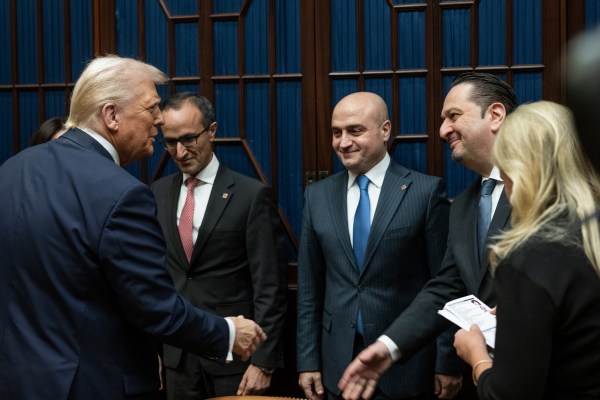 King Abdullah II of Jordan and his son, Crown Prince Hussein bin Abdullah, greet senior White House staff and members of the U.S. delegation at the West Wing lobby of the White House, Tuesday, February 11, 2025, before their bilateral meeting with President Donald Trump. (Official White House Photo by Daniel Torok)