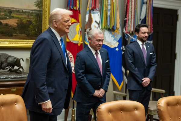 King Abdullah II of Jordan and his son, Crown Prince Hussein bin Abdullah, greet senior White House staff and members of the U.S. delegation at the West Wing lobby of the White House, Tuesday, February 11, 2025, before their bilateral meeting with President Donald Trump. (Official White House Photo by Daniel Torok)
