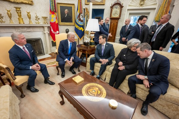 President Donald Trump hosts an expanded bilateral meeting and working lunch with King Abdullah II of Jordan and his son, Crown Prince Hussein bin Abdullah, Tuesday, February 11, 2025, in the Cabinet Room of the White House. (Official White House Photo by Daniel Torok)