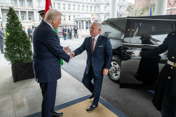 President Donald Trump greets King Abdullah II of Jordan and his son, Crown Prince Hussein bin Abdullah, at the West Wing lobby of the White House, Tuesday, February 11, 2025. (Official White House Photo by Daniel Torok)