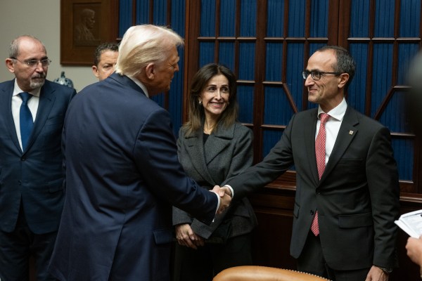 King Abdullah II of Jordan and his son, Crown Prince Hussein bin Abdullah, greet senior White House staff and members of the U.S. delegation at the West Wing lobby of the White House, Tuesday, February 11, 2025, before their bilateral meeting with President Donald Trump. (Official White House Photo by Daniel Torok)
