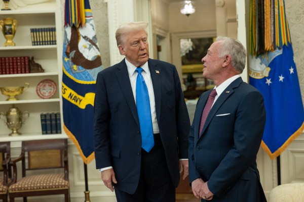 President Donald Trump hosts a bilateral meeting with King Abdullah II of Jordan and his son, Crown Prince Hussein bin Abdullah, Tuesday, February 11, 2025, in the Oval Office. (Official White House Photo by Daniel Torok)