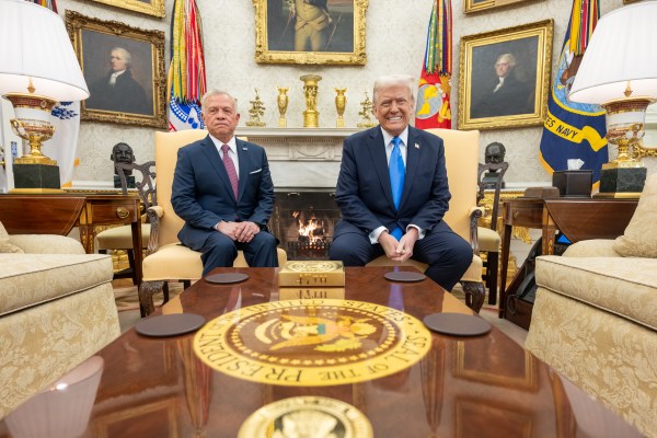 President Donald Trump hosts a bilateral meeting with King Abdullah II of Jordan and his son, Crown Prince Hussein bin Abdullah, Tuesday, February 11, 2025, in the Oval Office. (Official White House Photo by Daniel Torok)