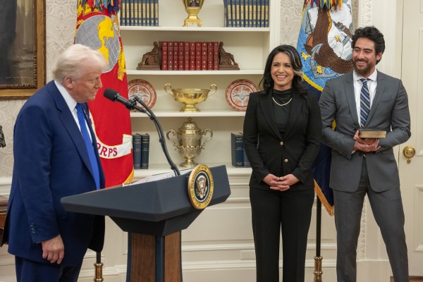 President Donald J. Trump speaks before Tulsi Gabbard is sworn in as the Director of National Intelligence in the Oval Office of the White House, Wednesday, February 12, 2025. (Official White House Photo by Daniel Torok)

President Donald J. Trump congratulates Tulsi Gabbard after she was sworn in as the Director of National Intelligence in the Oval Office of the White House, Wednesday, February 12, 2025. (Official White House Photo by Daniel Torok)

President Donald J. Trump with Tulsi Gabbard after she was sworn in as the Director of National Intelligence in the Oval Office of the White House, Wednesday, February 12, 2025. (Official White House Photo by Daniel Torok)

Attorney General Pam Bondi swears in Tulsi Gabbard as the Director of National Intelligence in the Oval Office, Wednesday, February 12, 2025. (Official White House Photo by Daniel Torok)

 (Official White House Photo by Daniel Torok)