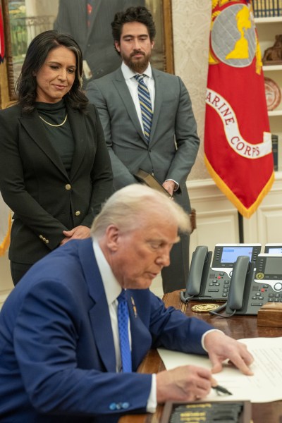 President Donald J. Trump speaks before Tulsi Gabbard is sworn in as the Director of National Intelligence in the Oval Office of the White House, Wednesday, February 12, 2025. (Official White House Photo by Daniel Torok)

President Donald J. Trump congratulates Tulsi Gabbard after she was sworn in as the Director of National Intelligence in the Oval Office of the White House, Wednesday, February 12, 2025. (Official White House Photo by Daniel Torok)

President Donald J. Trump with Tulsi Gabbard after she was sworn in as the Director of National Intelligence in the Oval Office of the White House, Wednesday, February 12, 2025. (Official White House Photo by Daniel Torok)

Attorney General Pam Bondi swears in Tulsi Gabbard as the Director of National Intelligence in the Oval Office, Wednesday, February 12, 2025. (Official White House Photo by Daniel Torok)

 (Official White House Photo by Daniel Torok)