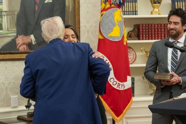 President Donald J. Trump speaks before Tulsi Gabbard is sworn in as the Director of National Intelligence in the Oval Office of the White House, Wednesday, February 12, 2025. (Official White House Photo by Daniel Torok)

President Donald J. Trump congratulates Tulsi Gabbard after she was sworn in as the Director of National Intelligence in the Oval Office of the White House, Wednesday, February 12, 2025. (Official White House Photo by Daniel Torok)

President Donald J. Trump with Tulsi Gabbard after she was sworn in as the Director of National Intelligence in the Oval Office of the White House, Wednesday, February 12, 2025. (Official White House Photo by Daniel Torok)

Attorney General Pam Bondi swears in Tulsi Gabbard as the Director of National Intelligence in the Oval Office, Wednesday, February 12, 2025. (Official White House Photo by Daniel Torok)

 (Official White House Photo by Daniel Torok)