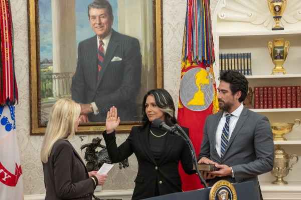 President Donald J. Trump speaks before Tulsi Gabbard is sworn in as the Director of National Intelligence in the Oval Office of the White House, Wednesday, February 12, 2025. (Official White House Photo by Daniel Torok)

President Donald J. Trump congratulates Tulsi Gabbard after she was sworn in as the Director of National Intelligence in the Oval Office of the White House, Wednesday, February 12, 2025. (Official White House Photo by Daniel Torok)

President Donald J. Trump with Tulsi Gabbard after she was sworn in as the Director of National Intelligence in the Oval Office of the White House, Wednesday, February 12, 2025. (Official White House Photo by Daniel Torok)

Attorney General Pam Bondi swears in Tulsi Gabbard as the Director of National Intelligence in the Oval Office, Wednesday, February 12, 2025. (Official White House Photo by Daniel Torok)

 (Official White House Photo by Daniel Torok)