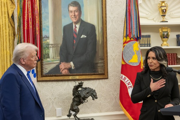 President Donald J. Trump speaks before Tulsi Gabbard is sworn in as the Director of National Intelligence in the Oval Office of the White House, Wednesday, February 12, 2025. (Official White House Photo by Daniel Torok)

President Donald J. Trump congratulates Tulsi Gabbard after she was sworn in as the Director of National Intelligence in the Oval Office of the White House, Wednesday, February 12, 2025. (Official White House Photo by Daniel Torok)

President Donald J. Trump with Tulsi Gabbard after she was sworn in as the Director of National Intelligence in the Oval Office of the White House, Wednesday, February 12, 2025. (Official White House Photo by Daniel Torok)

Attorney General Pam Bondi swears in Tulsi Gabbard as the Director of National Intelligence in the Oval Office, Wednesday, February 12, 2025. (Official White House Photo by Daniel Torok)

 (Official White House Photo by Daniel Torok)