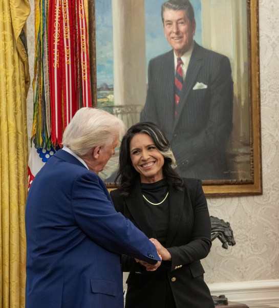 President Donald J. Trump speaks before Tulsi Gabbard is sworn in as the Director of National Intelligence in the Oval Office of the White House, Wednesday, February 12, 2025. (Official White House Photo by Daniel Torok)

President Donald J. Trump congratulates Tulsi Gabbard after she was sworn in as the Director of National Intelligence in the Oval Office of the White House, Wednesday, February 12, 2025. (Official White House Photo by Daniel Torok)

President Donald J. Trump with Tulsi Gabbard after she was sworn in as the Director of National Intelligence in the Oval Office of the White House, Wednesday, February 12, 2025. (Official White House Photo by Daniel Torok)

Attorney General Pam Bondi swears in Tulsi Gabbard as the Director of National Intelligence in the Oval Office, Wednesday, February 12, 2025. (Official White House Photo by Daniel Torok)

 (Official White House Photo by Daniel Torok)