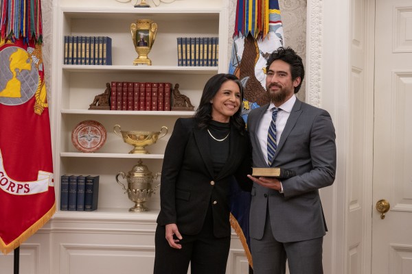 Tulsi Gabbard is sworn in as Director of National Intelligence by Attorney General Pam Bondi in the Oval Office, Wednesday, February 12, 2025. (Official White House Photo by Molly Riley.)
