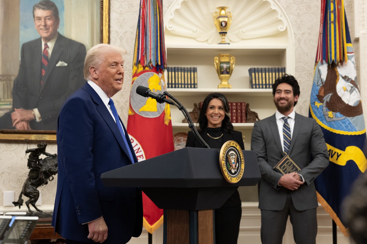 President Donald J. Trump speaks at Tulsi Gabbard’s swearing in ceremony in the Oval Office, Wednesday, February 12, 2025. (Official White House Photo by Molly Riley.)