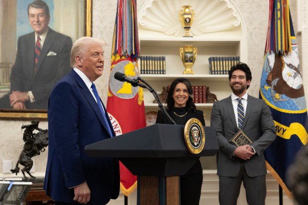 President Donald J. Trump speaks at Tulsi Gabbard’s swearing in ceremony in the Oval Office, Wednesday, February 12, 2025. (Official White House Photo by Molly Riley.)