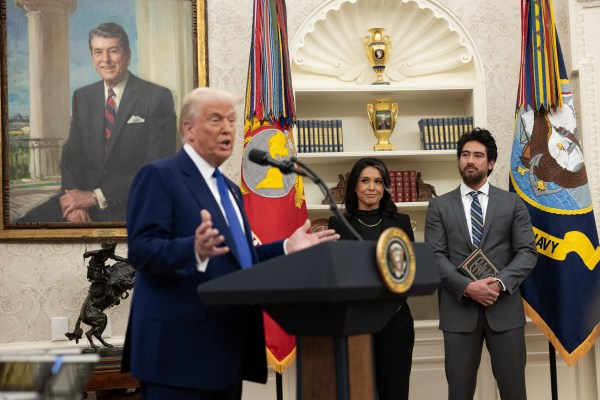 President Donald J. Trump speaks at Tulsi Gabbard’s swearing in ceremony in the Oval Office, Wednesday, February 12, 2025. (Official White House Photo by Molly Riley.)