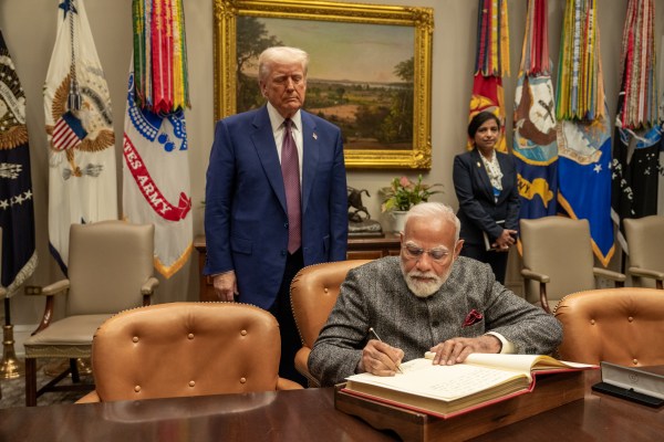 Prime Minister Narendra Modi of India signs the guest book in the Roosevelt Room, Thursday, February 13, 2025, before a bilateral meeting with President Donald Trump in the Oval Office. (Official White House Photo by Joyce N. Boghosian.)