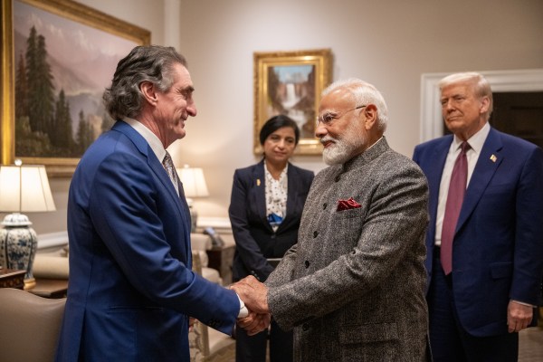 President Donald Trump greets Prime Minister Narendra Modi of India, Thursday, February 13, 2025, at the West Wing Lobby of the White House. (Official Photo by Molly Riley)