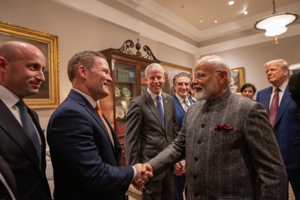 President Donald Trump greets Prime Minister Narendra Modi of India, Thursday, February 13, 2025, at the West Wing Lobby of the White House. (Official Photo by Molly Riley)