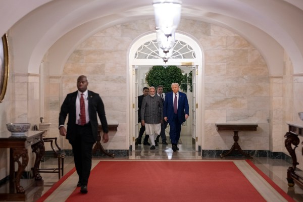 President Donald Trump walks along the Central Hall with Prime Minister Narendra Modi of India, Thursday, February 13, 2025.(Official Photo by Molly Riley)