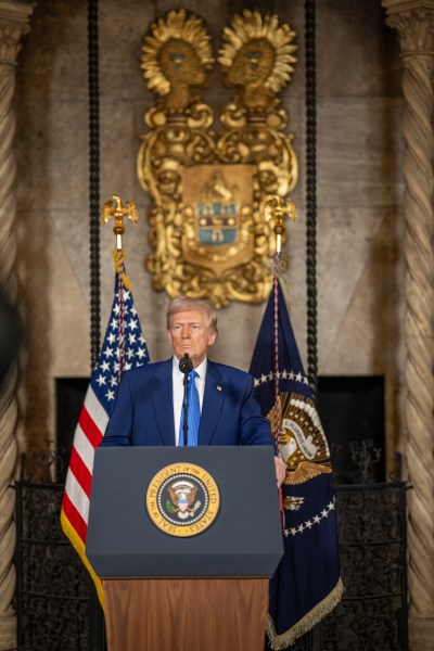 President Donald Trump takes questions after signing Executive Orders, Tuesday, February 18, 2025, at his Mar-a-Lago resort in Palm Beach, Florida. (Official White House Photo by Daniel Torok)

President Donald Trump signs Executive Orders, Tuesday, February 18, 2025, at his Mar-a-Lago resort in Palm Beach, Florida. (Official White House Photo by Daniel Torok)
