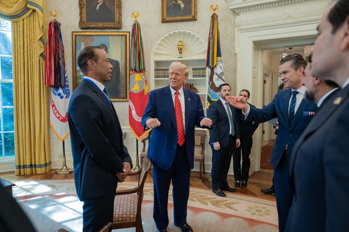 President Donald Trump meets with Tiger Woods in the Oval Office, Thursday, February 20, 2025. (Official White House Photo by Joyce N. Boghosian)