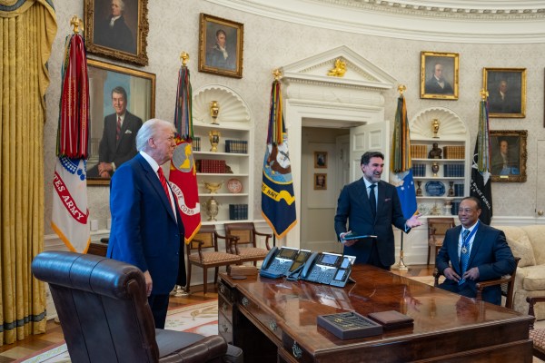 President Donald Trump meets with Tiger Woods in the Oval Office, Thursday, February 20, 2025. (Official White House Photo by Joyce N. Boghosian)