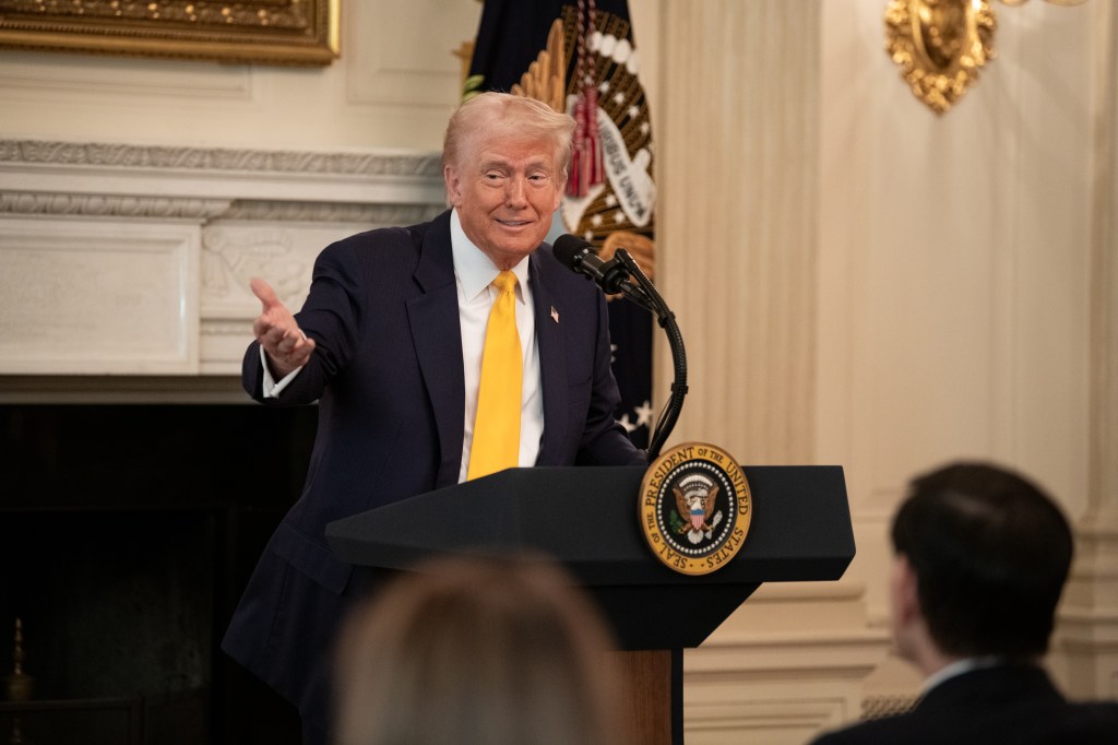 President Donald Trump delivers remarks at a business session with the nation’s governors, Friday, February 21, 2025, in the State Dining Room of the White House. (Official White House Photo by Harrison Koeppel)