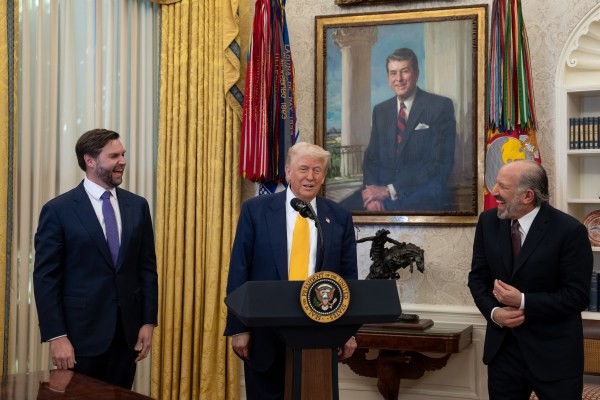 President Donald Trump makes remarks at the swearing-in of Commerce Secretary Howard Lutnick, Friday, February 21, 2025, in the Oval Office.

Commerce Secretary Howard Lutnick is sworn in Friday, February 21, 2025, in the Oval Office.
(Official White House Photo by Joyce N. Boghosian)