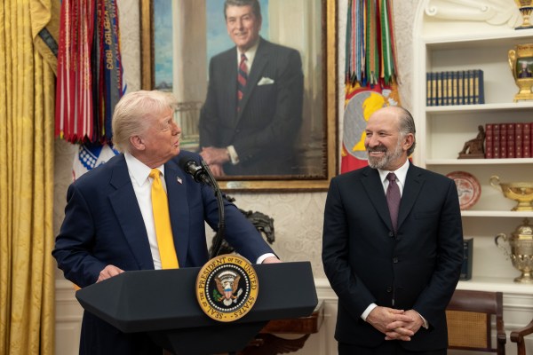 President Donald Trump makes remarks at the swearing-in of Commerce Secretary Howard Lutnick, Friday, February 21, 2025, in the Oval Office.

Commerce Secretary Howard Lutnick is sworn in Friday, February 21, 2025, in the Oval Office.
(Official White House Photo by Joyce N. Boghosian)