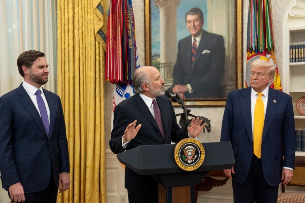 President Donald Trump makes remarks at the swearing-in of Commerce Secretary Howard Lutnick, Friday, February 21, 2025, in the Oval Office.

Commerce Secretary Howard Lutnick is sworn in Friday, February 21, 2025, in the Oval Office.
(Official White House Photo by Joyce N. Boghosian)
