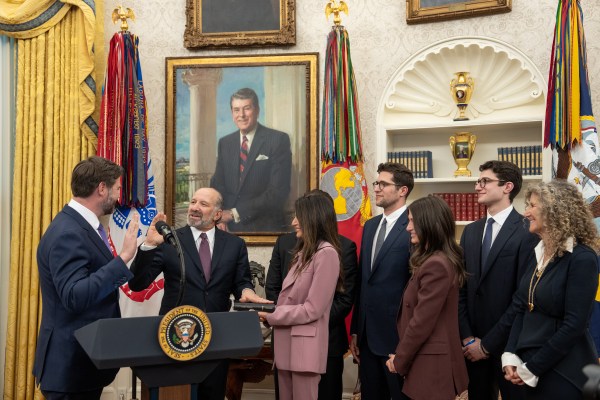 President Donald Trump makes remarks at the swearing-in of Commerce Secretary Howard Lutnick, Friday, February 21, 2025, in the Oval Office.

Commerce Secretary Howard Lutnick is sworn in Friday, February 21, 2025, in the Oval Office.
(Official White House Photo by Joyce N. Boghosian)