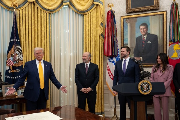 President Donald Trump makes remarks at the swearing-in of Commerce Secretary Howard Lutnick, Friday, February 21, 2025, in the Oval Office.

Commerce Secretary Howard Lutnick is sworn in Friday, February 21, 2025, in the Oval Office.
(Official White House Photo by Joyce N. Boghosian)