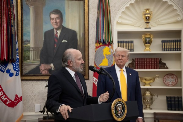 President Donald Trump makes remarks at the swearing-in of Commerce Secretary Howard Lutnick, Friday, February 21, 2025, in the Oval Office.(Official White House Photo by Molly Riley)