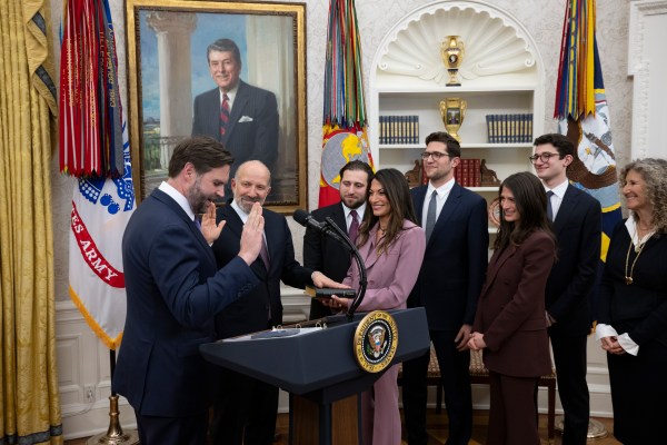 President Donald Trump makes remarks at the swearing-in of Commerce Secretary Howard Lutnick, Friday, February 21, 2025, in the Oval Office.(Official White House Photo by Molly Riley)