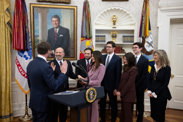 President Donald Trump makes remarks at the swearing-in of Commerce Secretary Howard Lutnick, Friday, February 21, 2025, in the Oval Office.(Official White House Photo by Molly Riley)