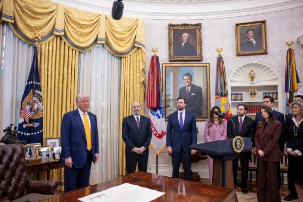 President Donald Trump makes remarks at the swearing-in of Commerce Secretary Howard Lutnick, Friday, February 21, 2025, in the Oval Office.(Official White House Photo by Molly Riley)